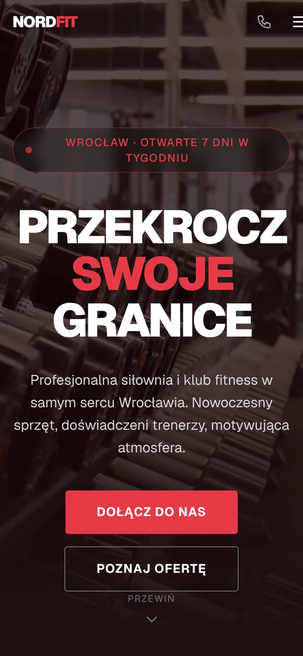 Klub fitness: strona na telefonie