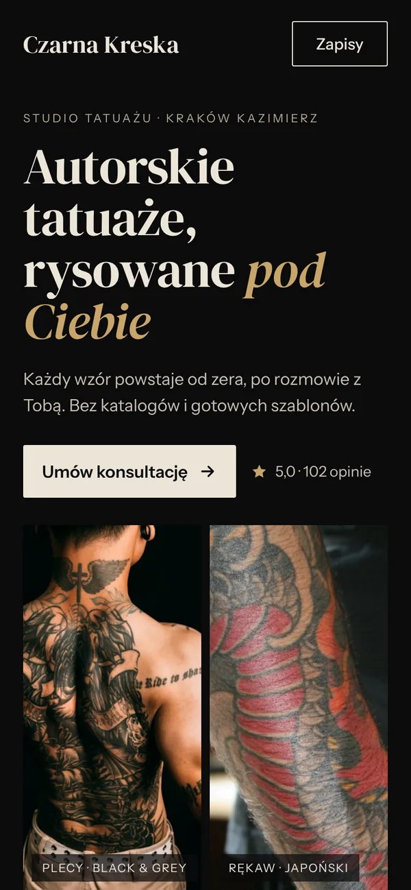 Studio tatuażu: strona na telefonie